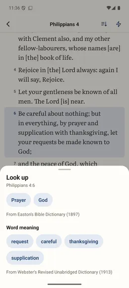 Look up on Philippians 4:6, with entries from Easton’s Bible Dictionary and word meanings from Webster’s dictionary.